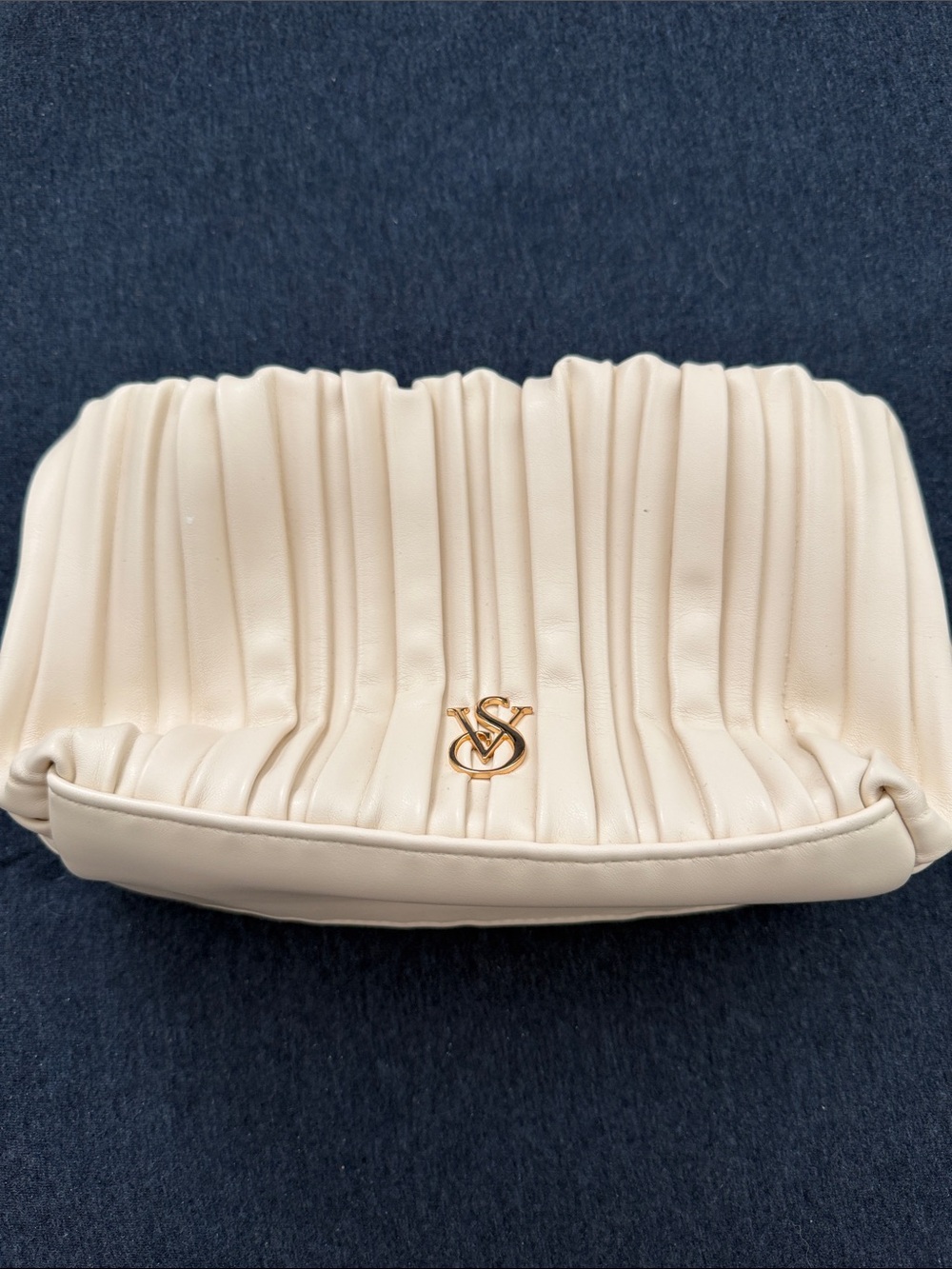 Victoria's Secret Cream Pleated makeup case with Gold VS Emblem